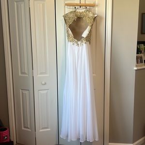 White chiffon with gold backless formal how.  Size 6